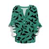 Women's Summer Tops V Neck Three-quarter Sleeves Floral Print Flowing Ruffle Sleeves Half-button Shirt