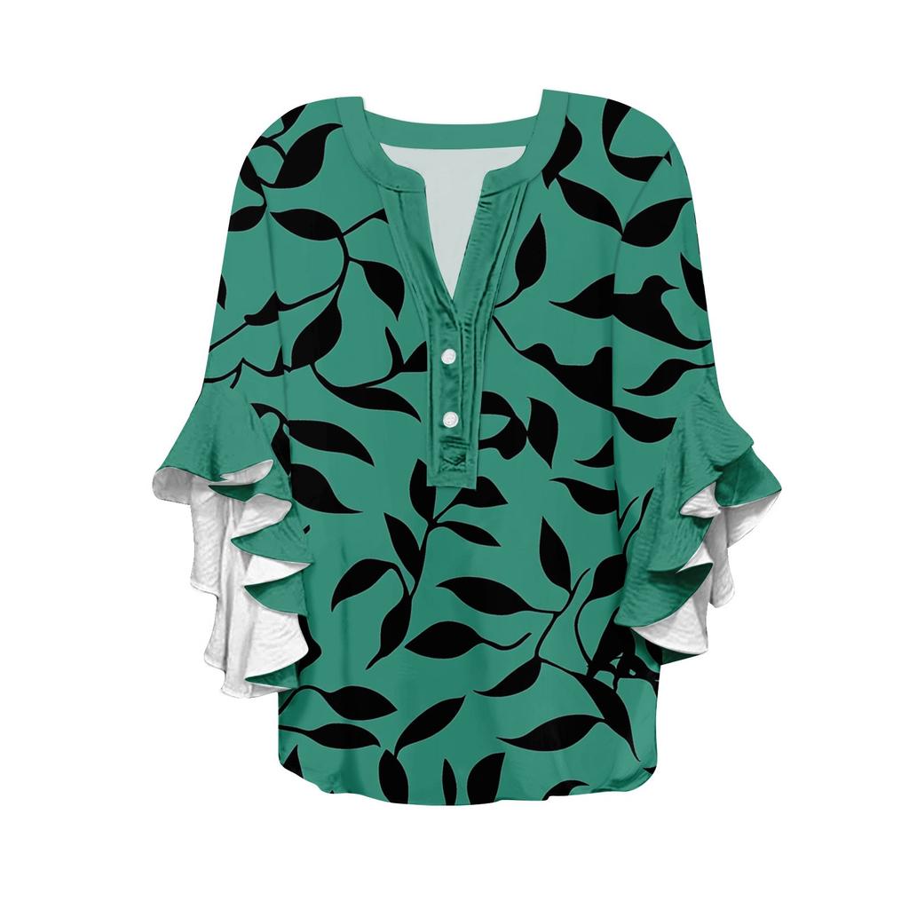 Women's Summer Tops V Neck Three-quarter Sleeves Floral Print Flowing Ruffle Sleeves Half-button Shirt