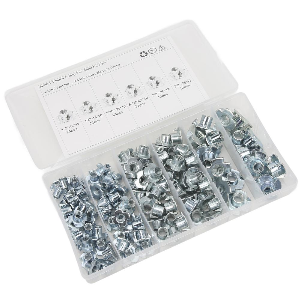 110Pcs T Nuts 1 4in 5 16in 3 8in Steel Corrosion Resistant Galvanized Rustproof Pronged Tee Nut
