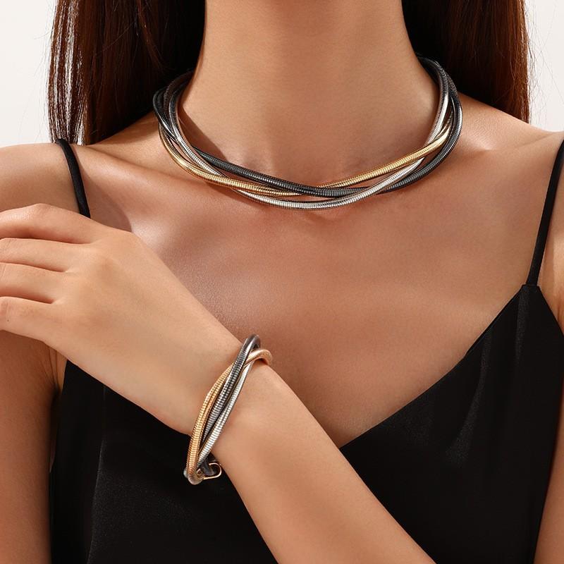 European and American Personalized Metal Geometric Collar Creative Simple Metal Necklace Bracelet Jewelry Set
