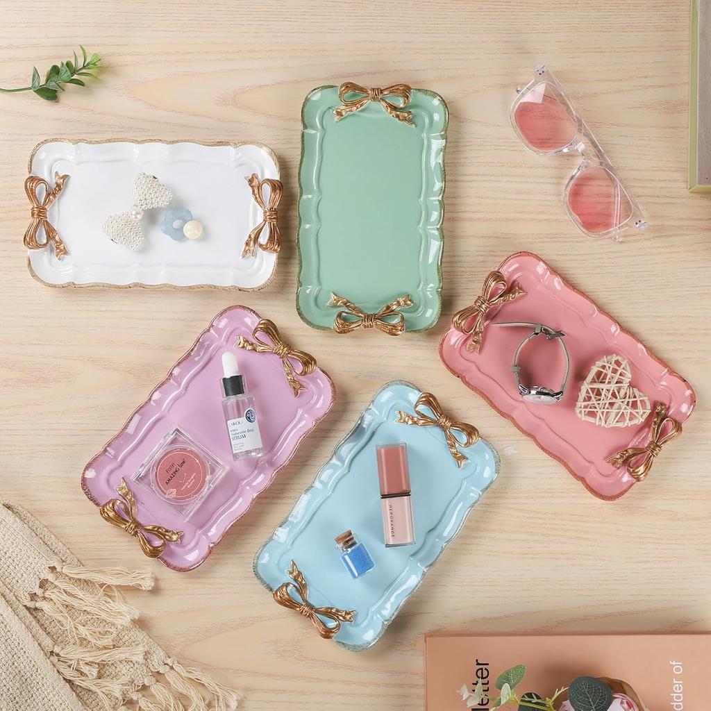 Jewelry Storage Tray Vintage Bow Decorated Resin Plate Snack Dessert Tray Cute Home Bedroom Decor