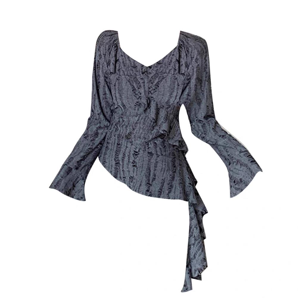 

Pleated Long Sleeve Top Slim Fit Retro Mesh Broken T-Shirt Casual Irregular T-Shirts Women Girl L