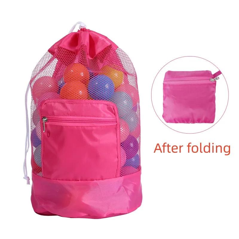 Mesh Beach Bag for Kids Toy Organizer Net Zipper Adjustable Shoulder Strap Storage Pouch Child Shell Collecting Bag Round Bucket