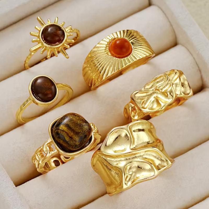 IF ME 6 Pieces/set of Retro Trendy Pleated Geometric Rings, Women's Irregular Aesthetic Jewelry Accessories