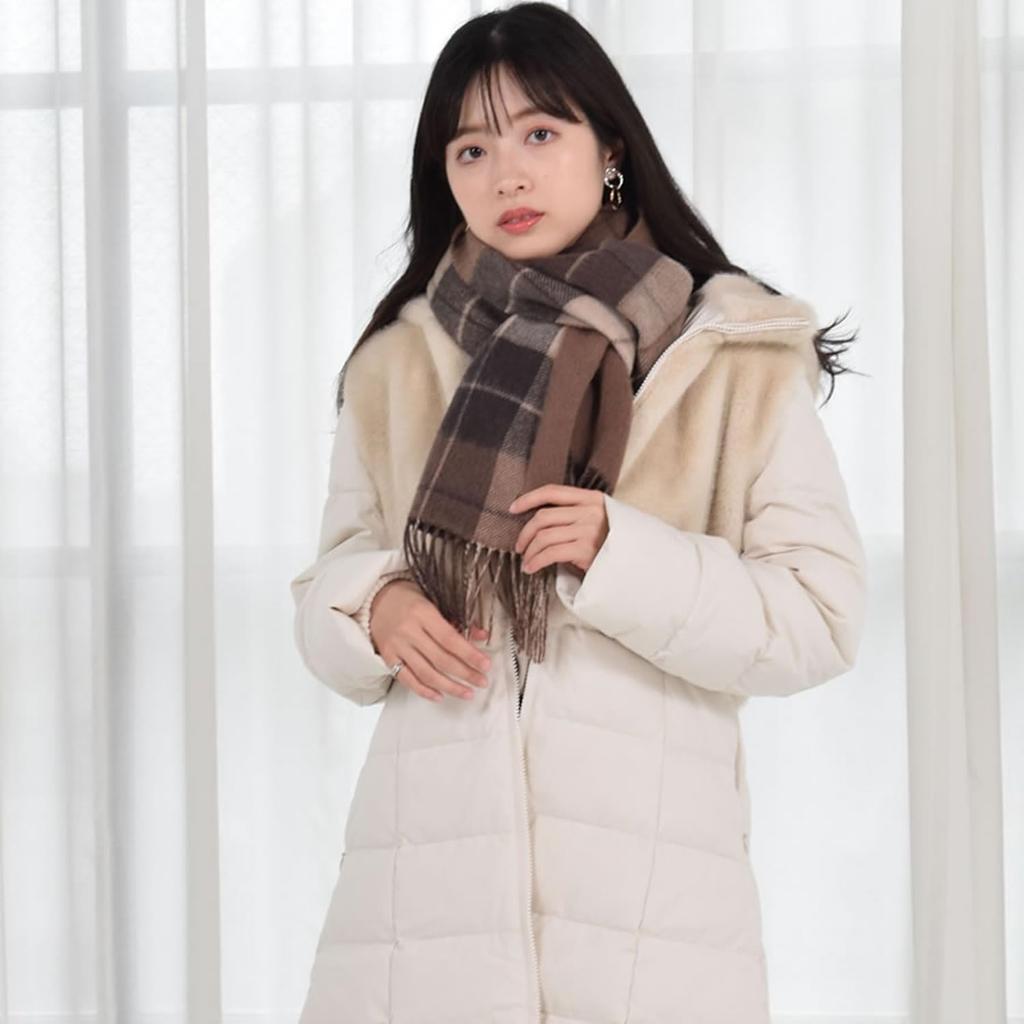 Merfirge Wool Cashmere Blend Reversible Hand Check Mocha Cashmere-Blend Scarf, Double-Sided, Scarf, Washable, Pattern, Women's, Fall/Winter (cw6062)