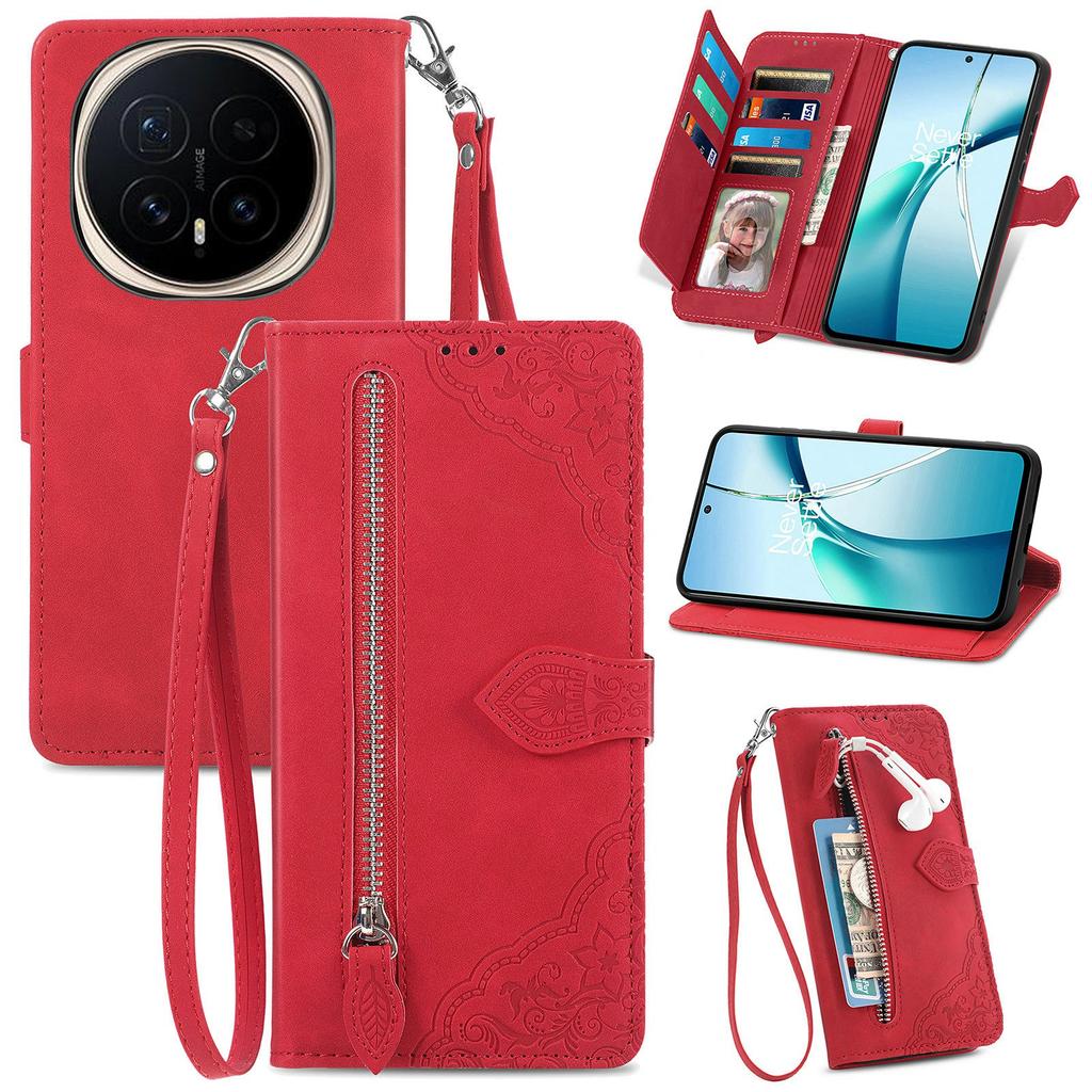 For Honor Magic8 5G Zipper Wallet Case with Strap Flower Imprint PU Leather Phone Cover