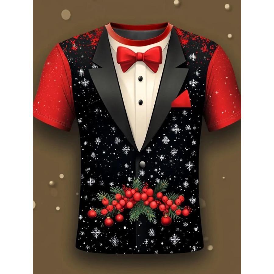 Christmas Tree Snowflake Bow Tie Men's 3D Print O-Neck T Shirt Tee Party Casual Christmas Theme T Shirt Short Sleeve Tops