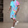 Men Plus Size Round Neck Short Sleeve Cyan Colorful Striped Printed T Shirt And Pocket Shorts Two Piece Set