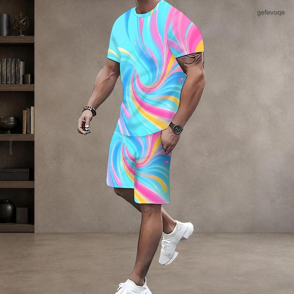 Men Plus Size Round Neck Short Sleeve Cyan Colorful Striped Printed T Shirt And Pocket Shorts Two Piece Set