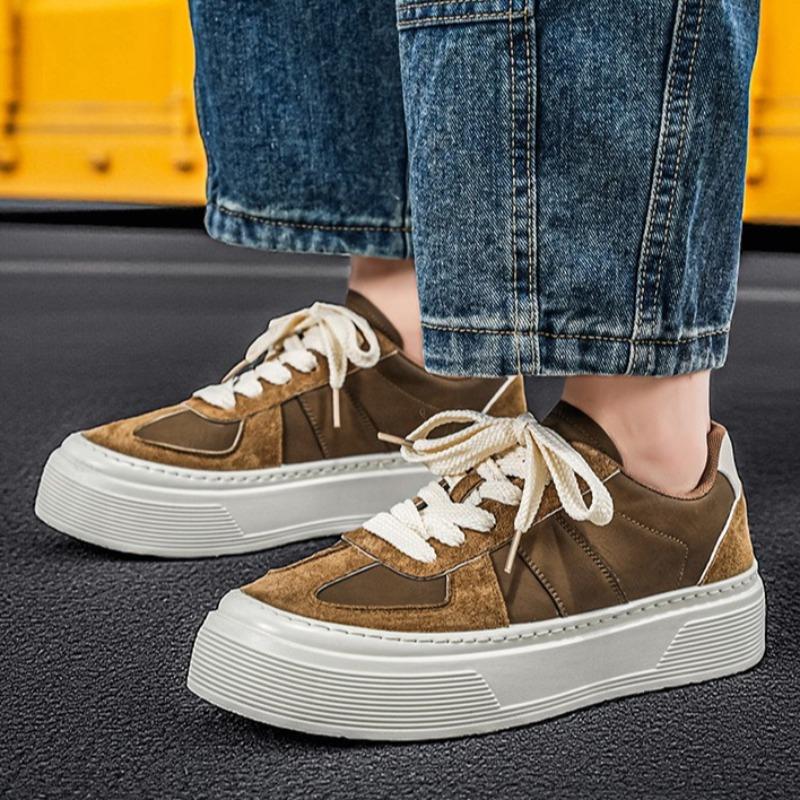 Men Leather German Trainers, Platform Height Increasing Chunky Sole Casual Skate Board Shoes