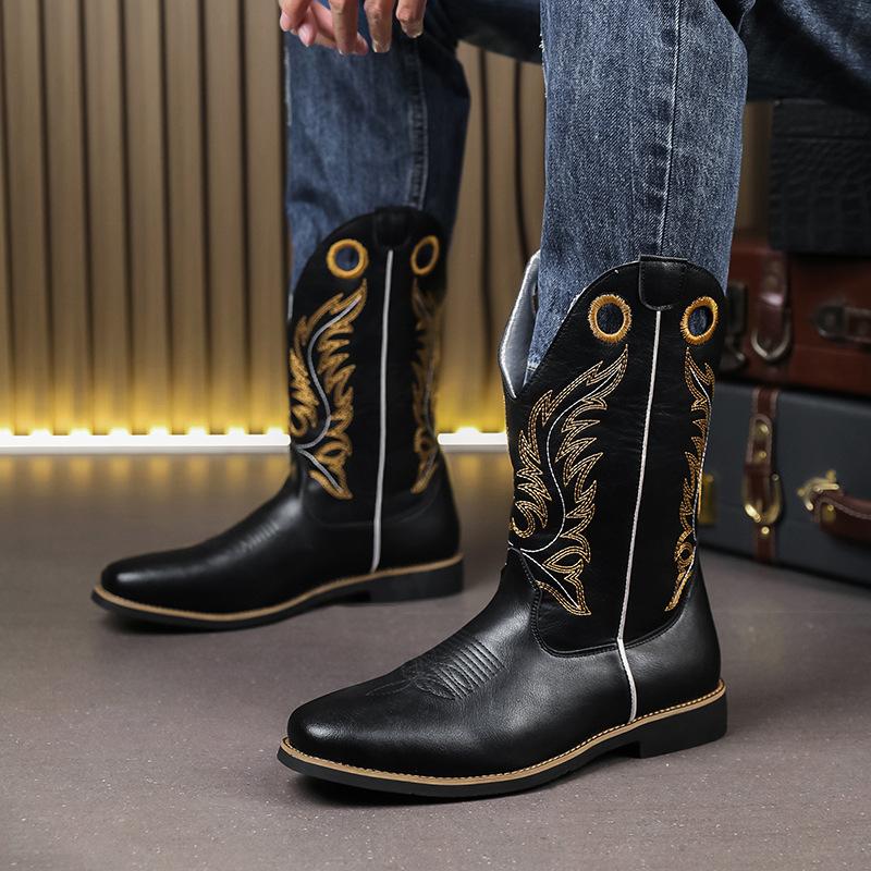 Herren Mid-Calf Stiefel Klassische Ethnische Stickerei Western Cowboy Stiefel Designer Quadratische Spitze Ritterstiefel Qualitätsleder Freizeitstiefel