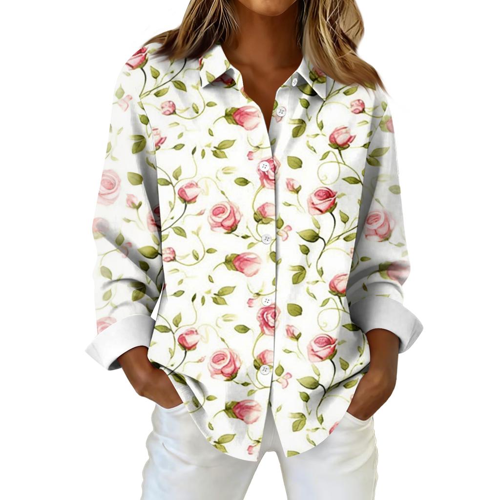 Damen Hemd Bluse Weihnachtsdruck Knopf Langarm Casual Basic Hemdkragen Normales Oberteil