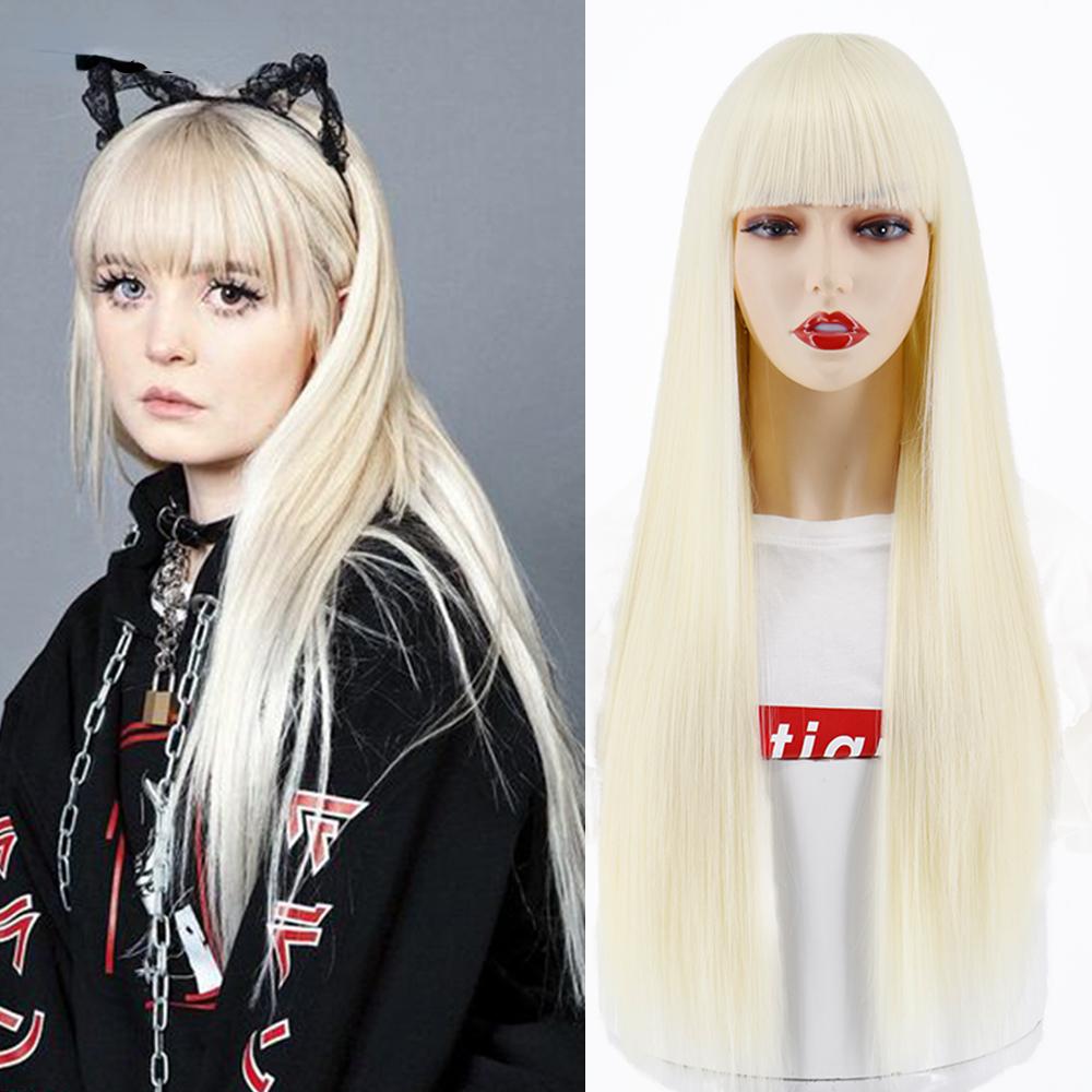 MERISIHAIR Brown Long Straight Wig with Blunt Bangs Synthetic Heat Resistant Fiber Wig for Women Daily Wear