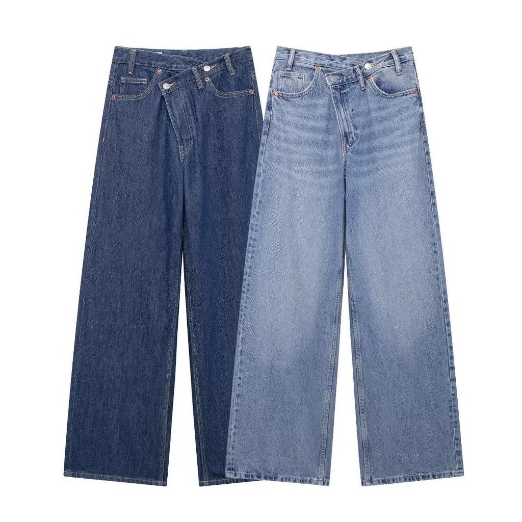 European & American Women's Casual Fashion Double-Breasted Wide-Leg Jeans
