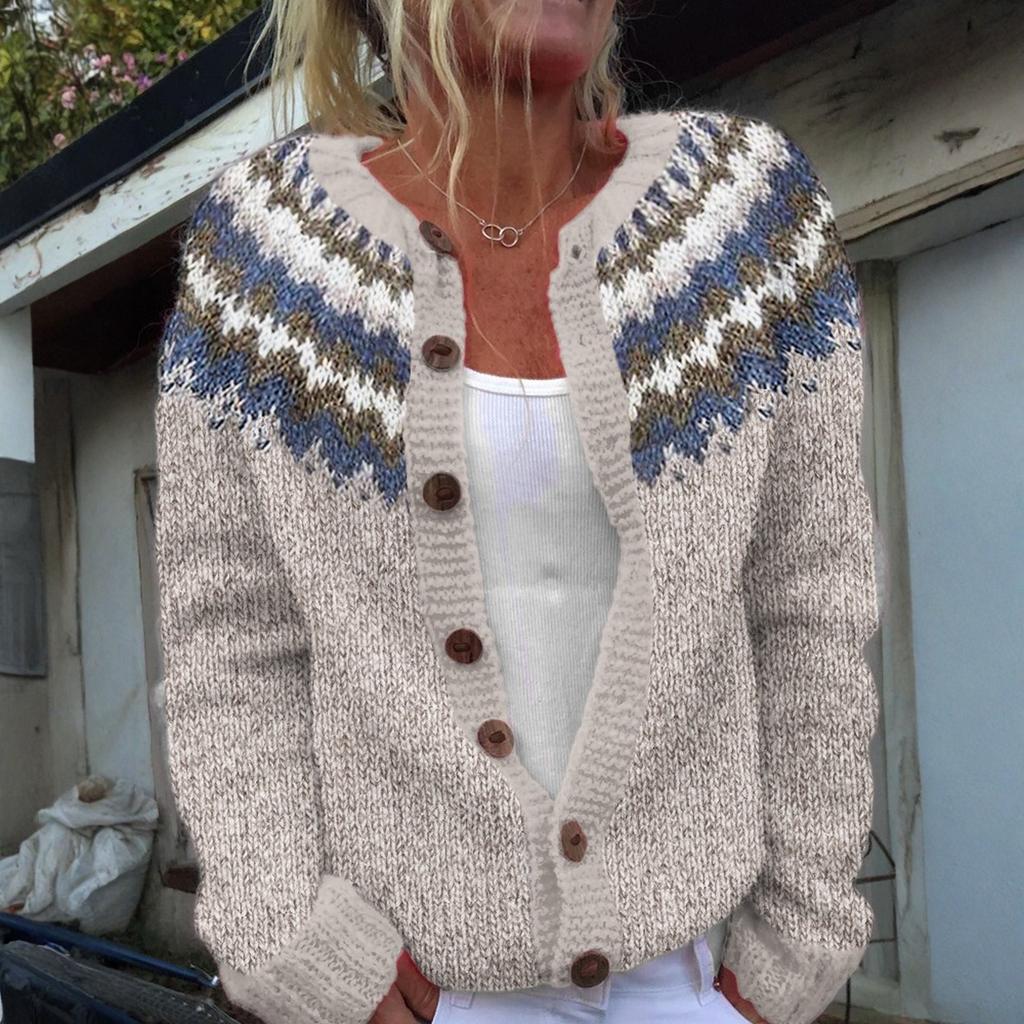Fair Isle Strickjacken für Damen Rundhalsweite Locker Geschnitten Knopfleiste Grobstrickpullover Offen Vorne Lässige Herbst Strickjacke