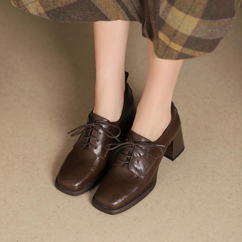 Fashion NEW Spring/Autumn Women Pumps Square Toe Chunky Heel Shoes Split Leather Shoes for Women Lace-up High Heel Handmade Female Shoes