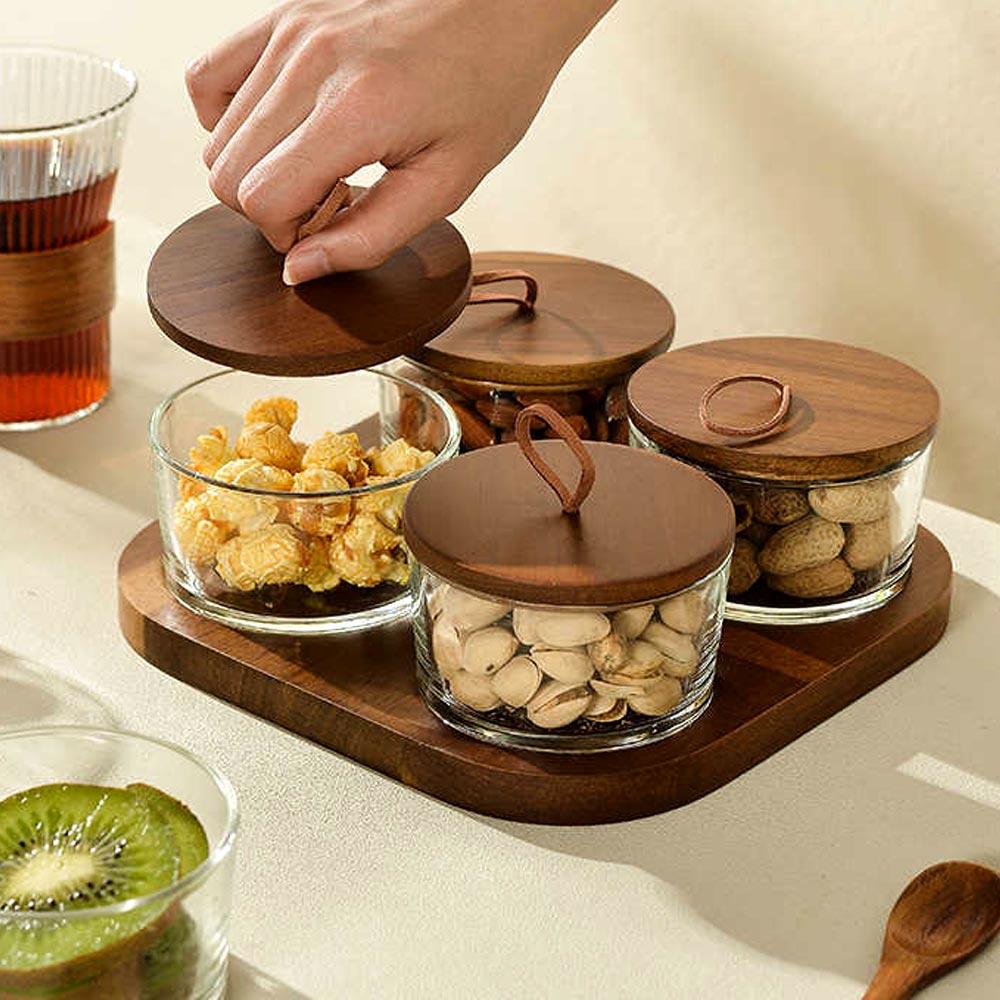Glass Storage Bottle Divided Dried Fruit Tray with Wooden Lid Dried Fruit Snack Storage Bottle Wooden Tray Household Snack Tray
