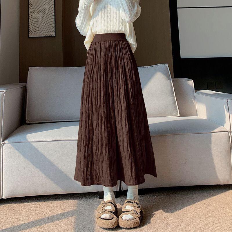 Original Autumn/Winter Folded Half Skirt 2025 Korean Edition High Waist Big Swing Skirt Warm Thick Knitted Wool Skirt Long Skirt