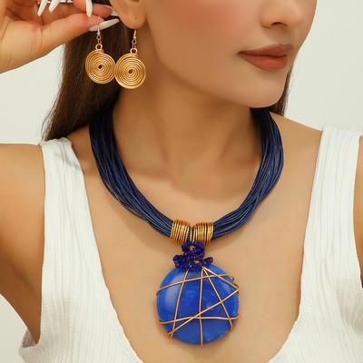 Nouveau Design Tendance Mode Géométrique Rond Résine Pierres Fil d'Aluminium Tressé Collier Pendentif Boucles d'Oreilles Ensemble Accessoires de Fête pour Femmes