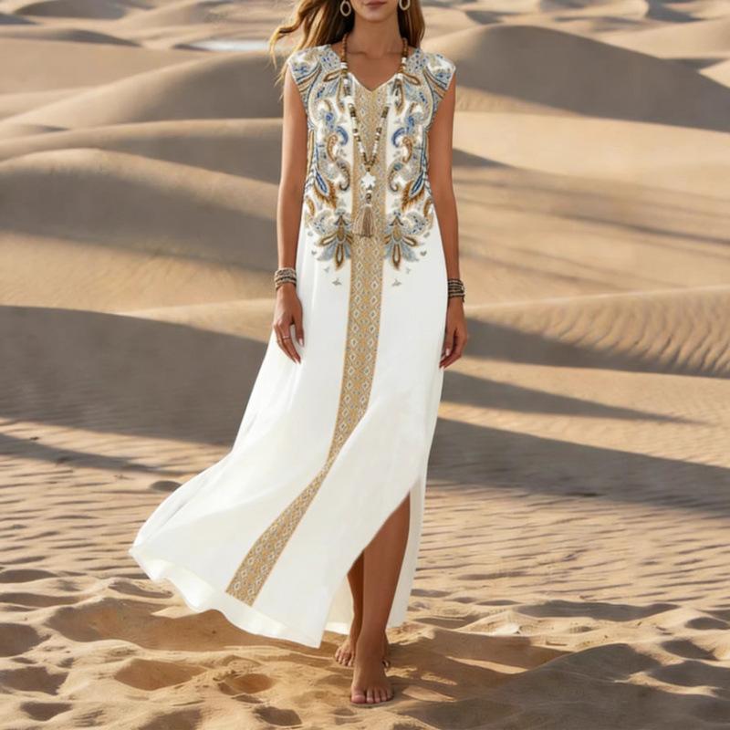 European and American new bohemian long dress printed women s V-neck geometric pattern holiday dress S