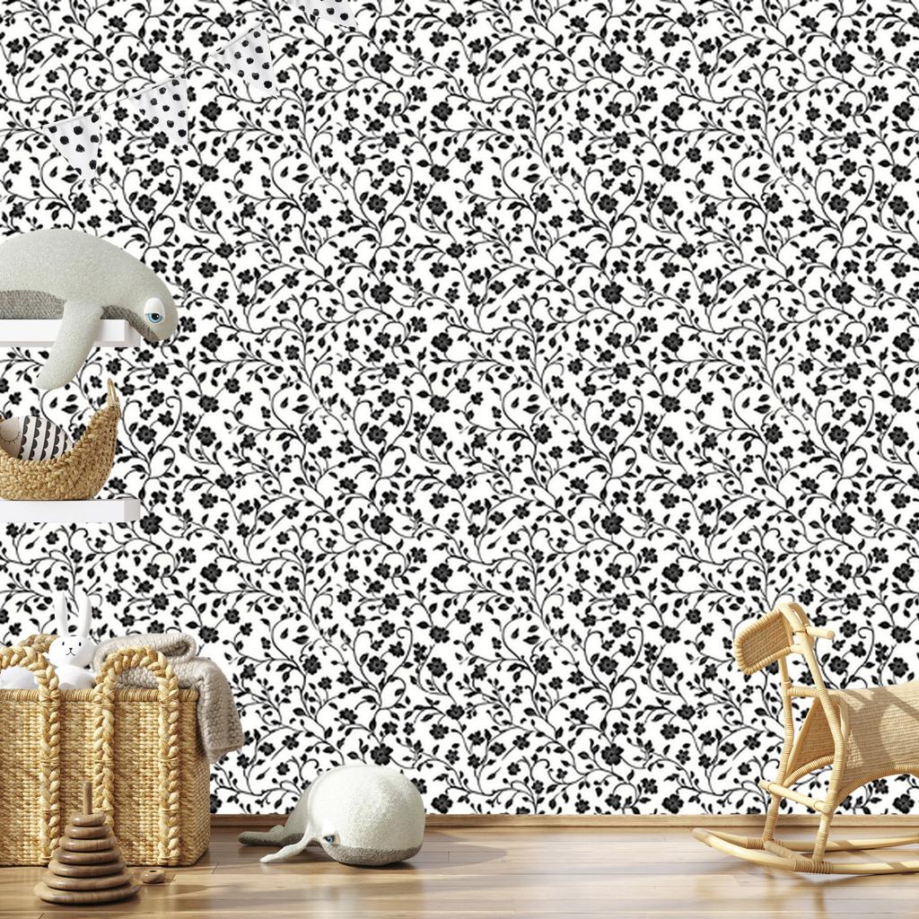 Wallpaper Black and white flowers light gray, gray and white 50x1000