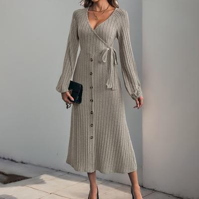 Temperament and Elegance Outer Wear Autumn and Winter Mid-length V-neck Solid Color Buckle Tie A Swing Knit Dresses