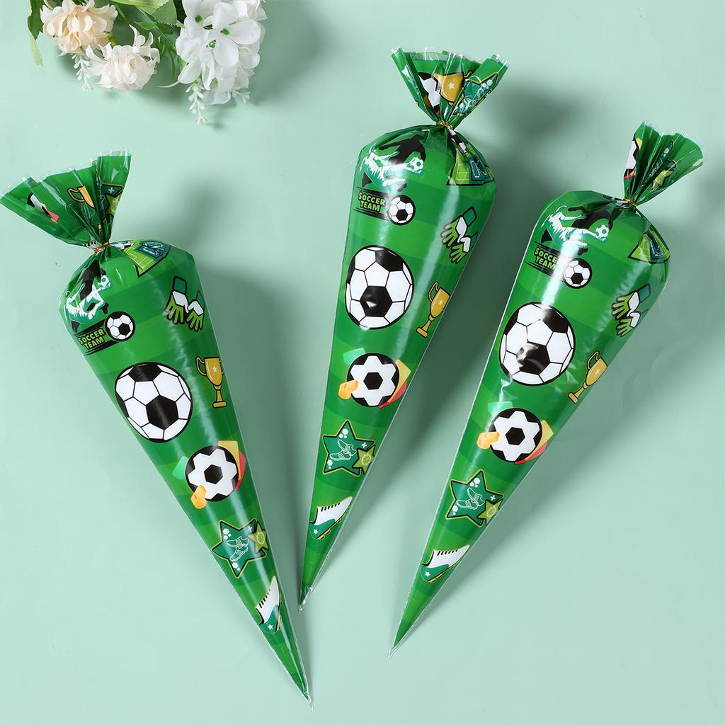 50pcs Football Theme Party Favors Cone Candy Bags Soccer Plastic Gift Packaging Bags Boy Kids Birthday Party Decoration Supplies