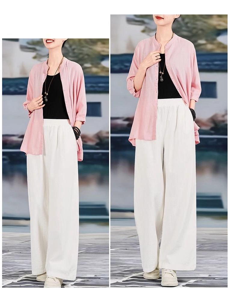 Women's Spring/Summer High-Waisted Wide-Leg Cotton Linen Pants