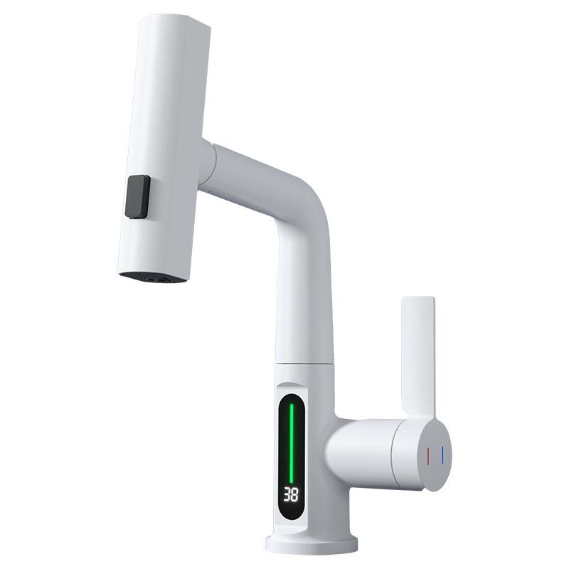 Premium White Digital Display Rain Shower Basin Faucet with Pull-out Rotating Waterfall Feature