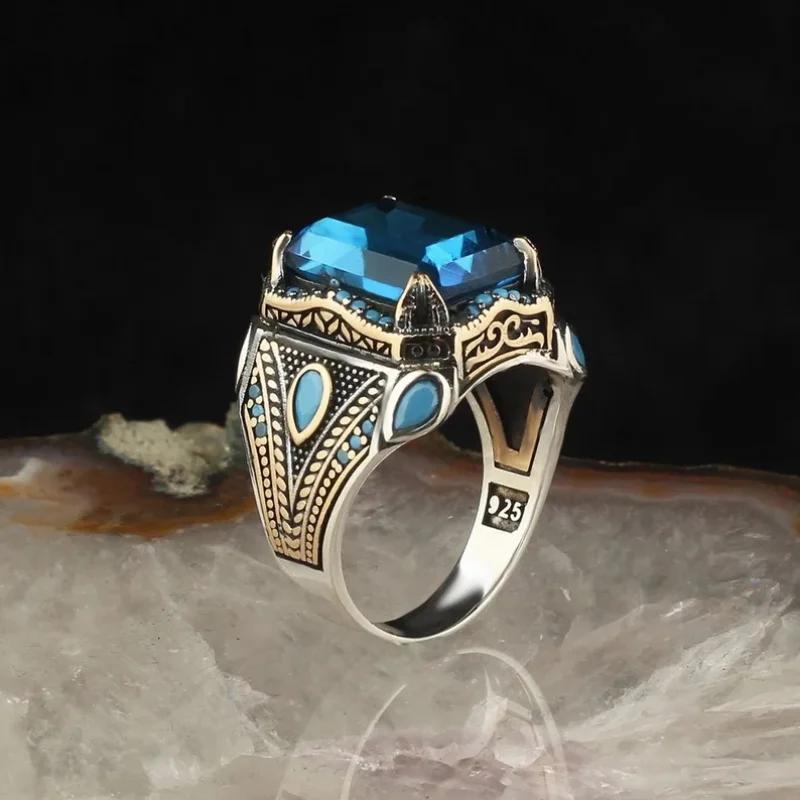 Retro Handmade Turkish Signet Rings For Men Silver Carved Ring Mystic Zircon Inlay Punk Biker Jewelry