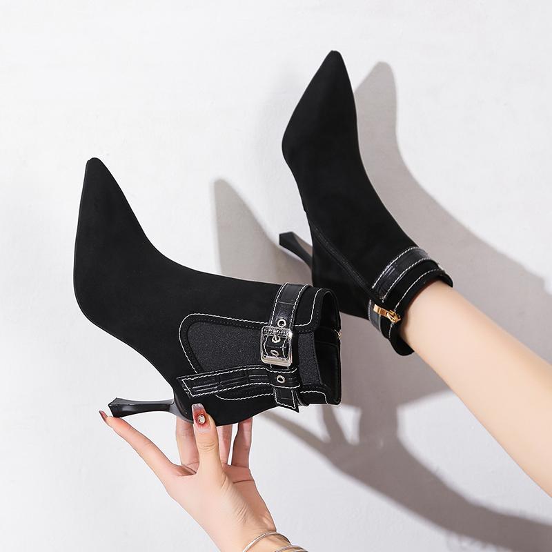 Star Style Fashion Faux Suede Crystal Women Ankle Boots Sexy Snake Coiled High Heels Autumn Winter Pointed Toe Short Boots Shoes