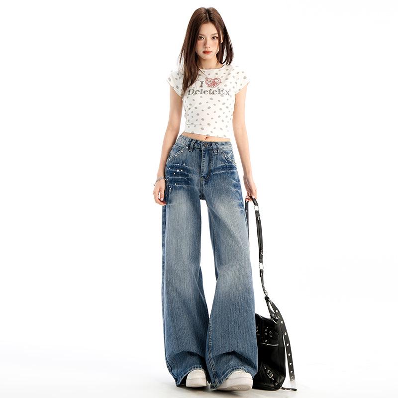 

Design Sense Women s High Waist Studded Jeans: Autumn Straight-Leg Wide-Leg Pants XS