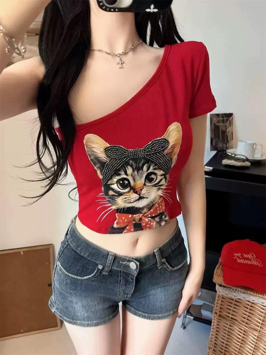 

Spicy Girl 3D Cat Print One-Shoulder Slimming All-in-One with Chest Pads One Size (suitable for 80-125 jin) червоний