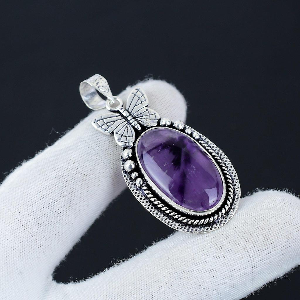 Natural Amethyst Gemstone Silver Pendant In 925 Sterling Silver- Handmade Butterfly Design, Everyday Wear Jewelry, Unique Pendant Wadding Gift
