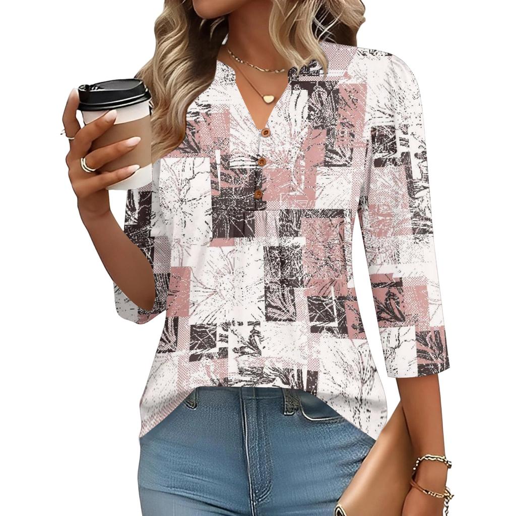 Women’s Fashion Loose Fit Three Quarter Sleeve Top with Button and Geometric Print for Casual or Daily Wear