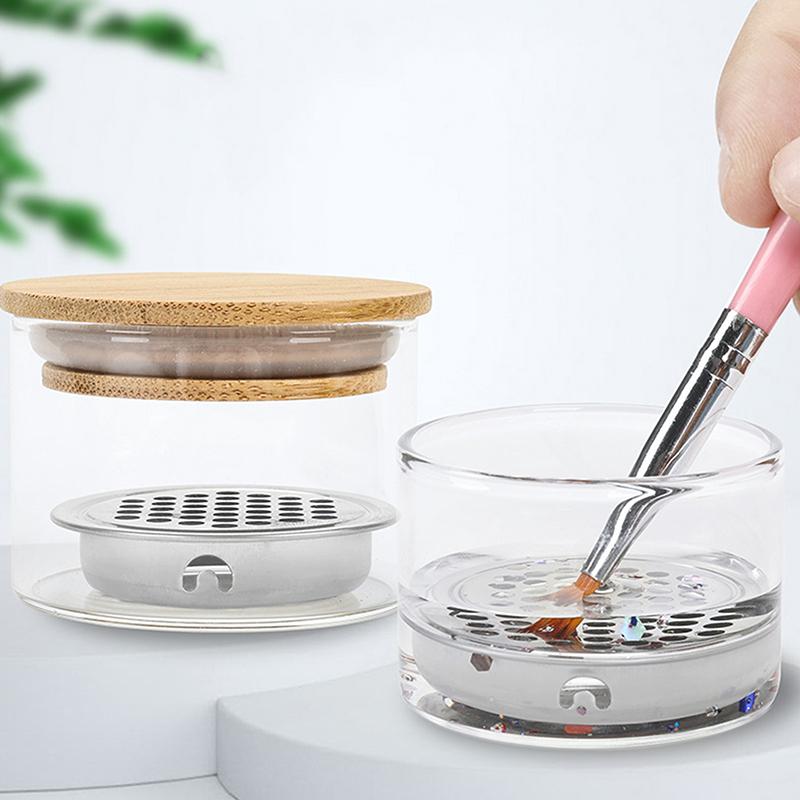 Nail Art Thickened Glass Brush Washing Crystal Cup Stainless Steel Mesh Filter Cup Light Therapy Brush Cleaning Tool