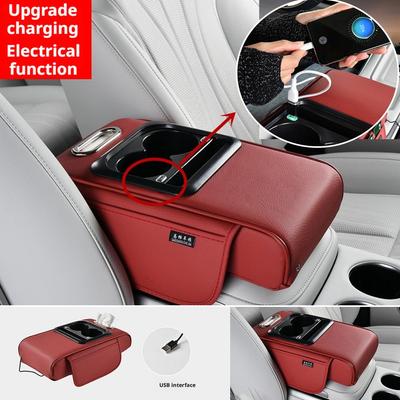 NEUES Auto Mittelkonsolen Armlehnenpolster PU Armlehnen-Erhöhungspolster Mit Getränkehalter Taschentuchbox USB-Anschluss Universelle Ellenbogenstütze