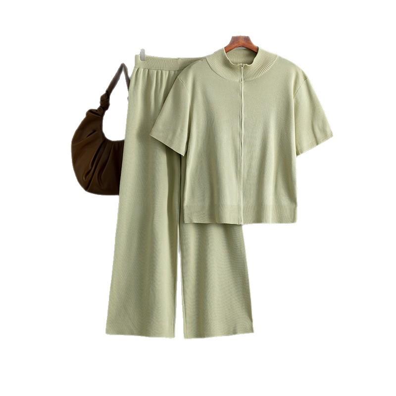 Fashionable Semi-high Neck Solid Color Short-sleeved Zipper Set, Wide-leg Pants Two-piece Set for Women