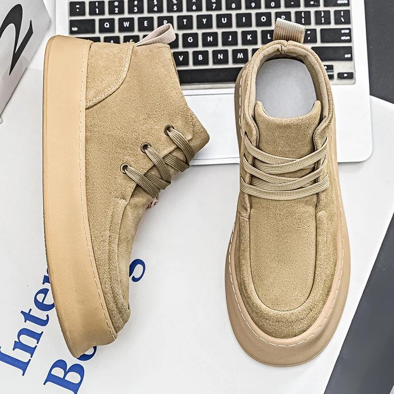 Fashion Men Genuine Leather Thick Bottom Boots Casual Leather Soft Sole Shoes Comfy Outdoor Classical Ankle Boots Casual Lace-Up Shoes