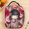 Bolsa de Almoço Design Kimono Floral Rosa Boneca Kokeshi Portátil para Escritório Lancheira com Zíper para Criança Bolsa Térmica Personalizada à Prova d'Água