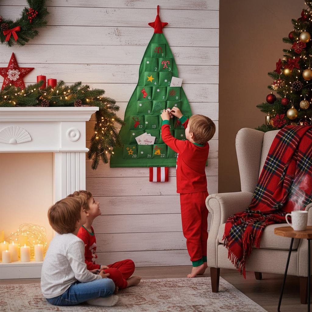 Xmas Tree Empty Cloth Ornaments with Pockets 24 Days Countdown Calendar Reusable Natural Hanging Storage Bag for Home Decor