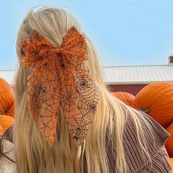 Women Hair Clip Halloween Spider Web Bow Clip, Pumpkin Eyeball Tulle Spring Accessory with Long Tails, Accessories for Holiday Party Themed Clips
