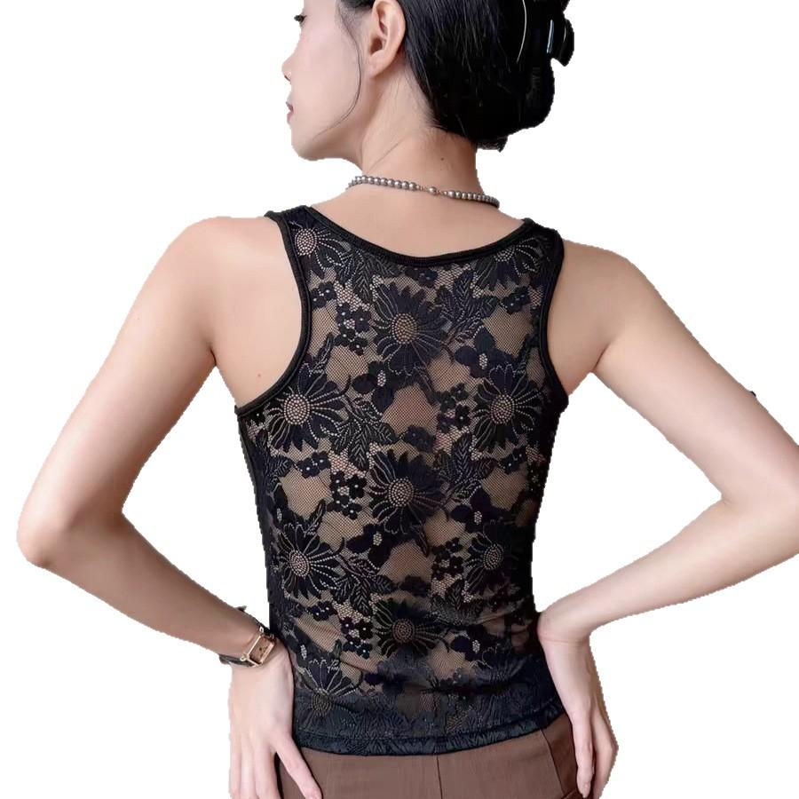 #Early autumn new pure desire to polish the back I-shaped lace vest female slim and thin one-piece with chest pad