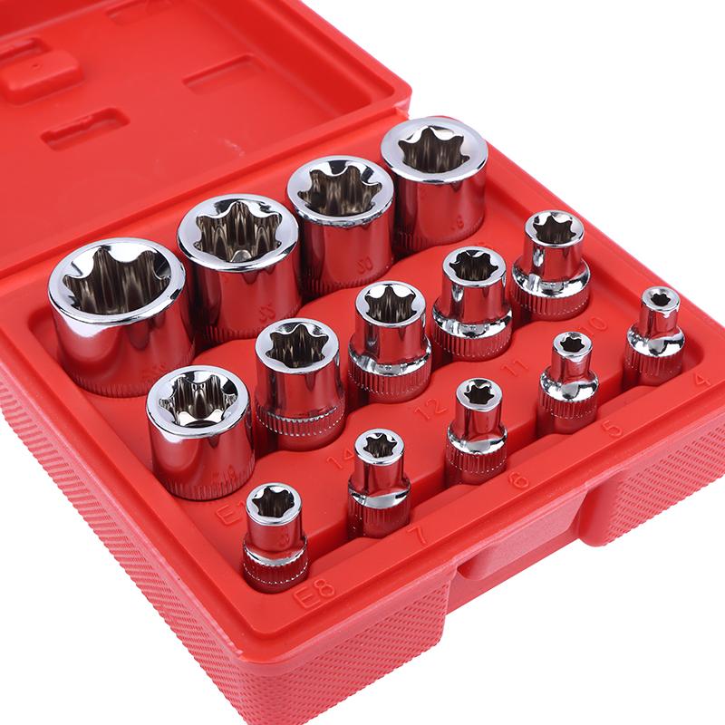 Zestaw 14 szt. nasadek E-Torx - Najwyższej jakości zestaw nasadek żeńskich Torx, Gniazda gwiazdkowe o maksymalnym momencie obrotowym, Nasadki zewnętrzne Torx