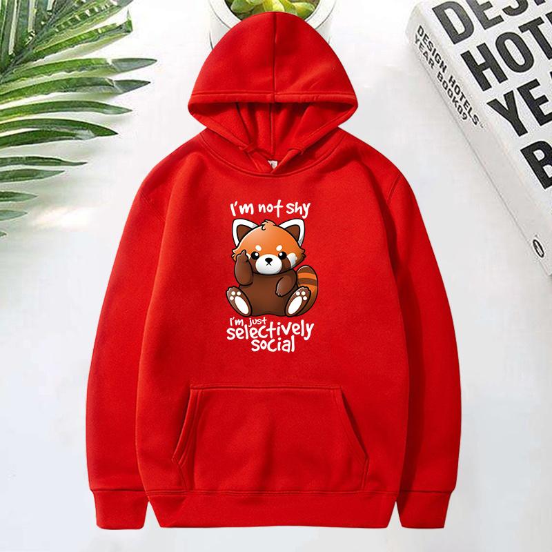 (Premium Hoodies)Panda I'M Not Shy I'M Just Selectively Social Printed Hoodies Women Fleece Long Sleeves Funny Pullover