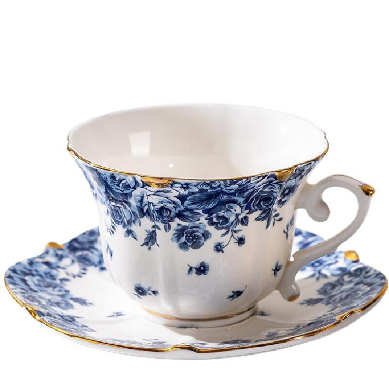 Elegancki zestaw filiżanka do kawy ze spodkiem z porcelany kostnej w kolorze niebieskim i złotym