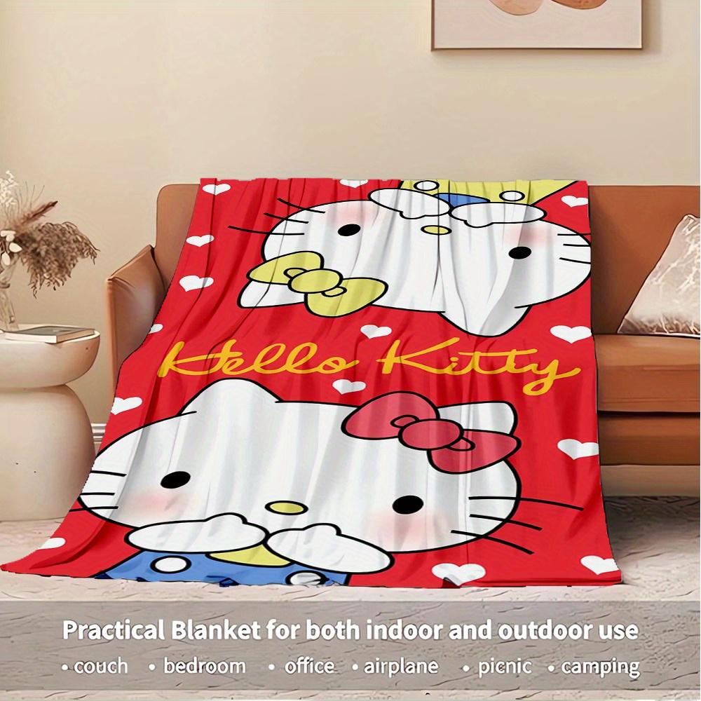 For Hello Kitty, Bow, HeartsAnime-Themed Flannel Blanket, Glam Style, Digital Print, All-Season Comfort, Tear-Resistant, Knitted Craftsmansh