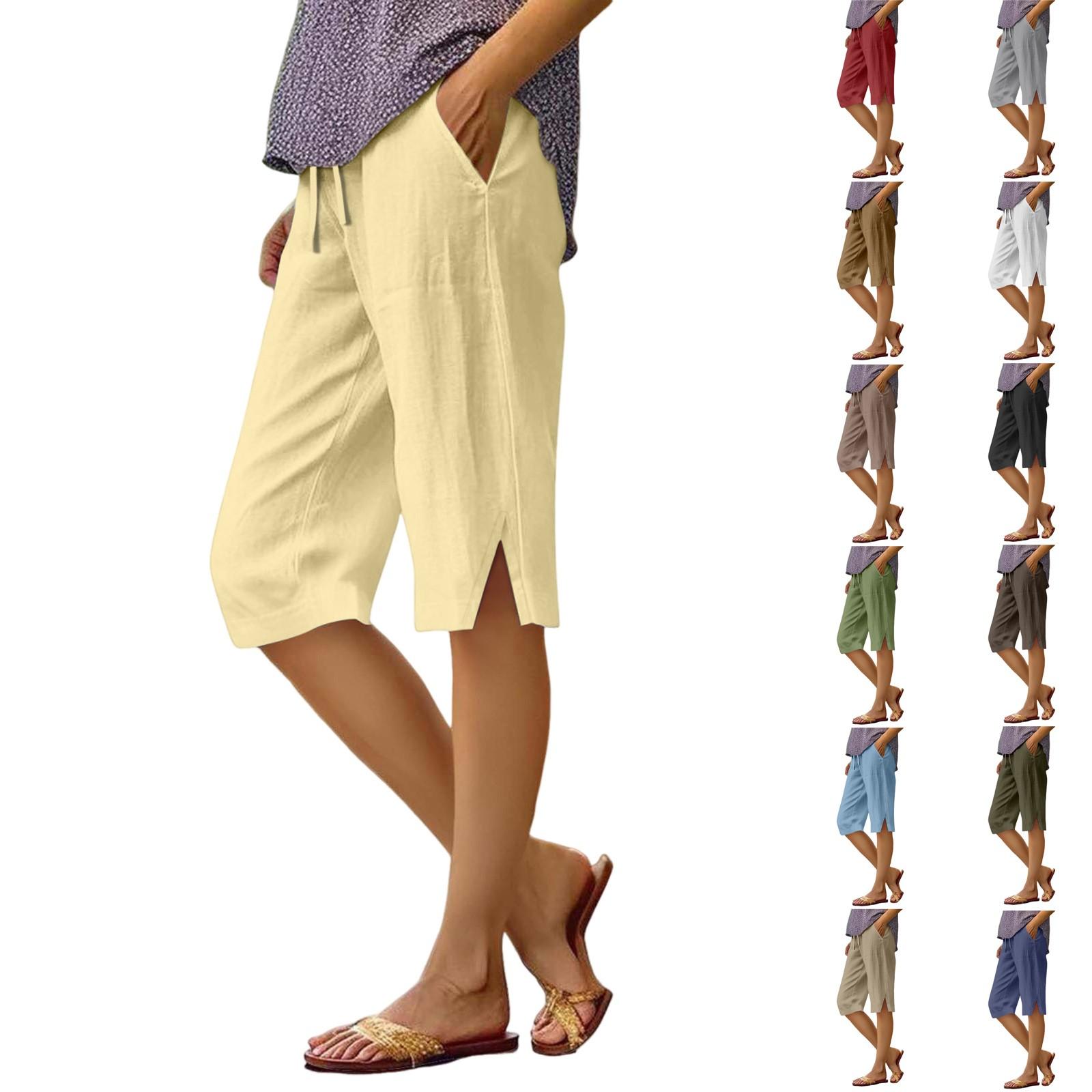 

Women s Summer High Waist Cotton And Linen Loose Hem Split Cropped Trousers XL жовтий