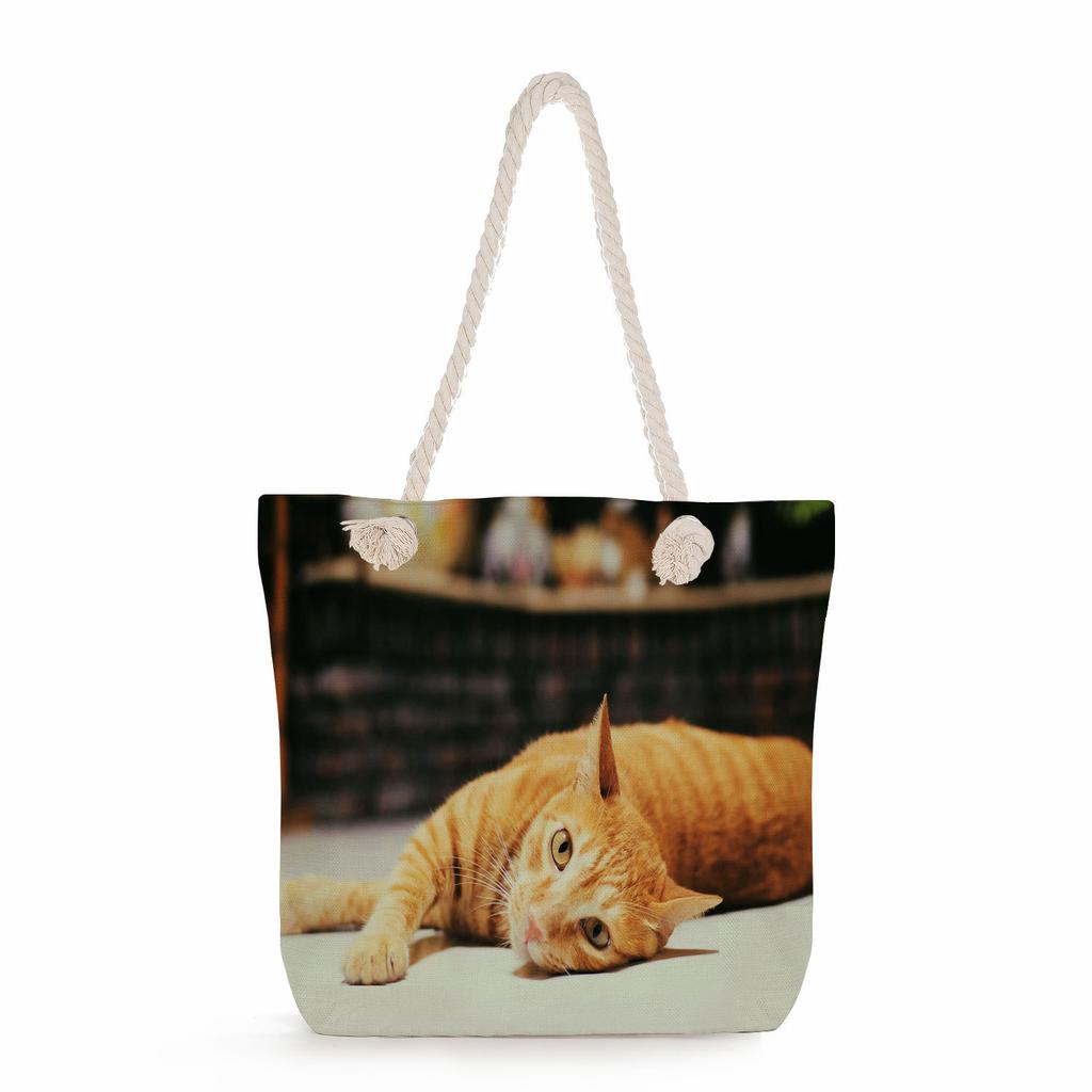 Cat Print Thick Rope Single-shoulder Beach Bag 7266 KTB