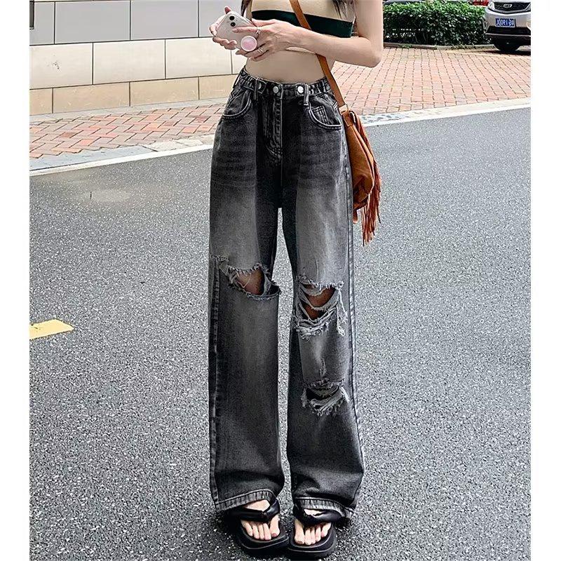 Women s 2023 Retro High-Waisted Ripped Wide-Leg Jeans Quadruple Extra Large серый